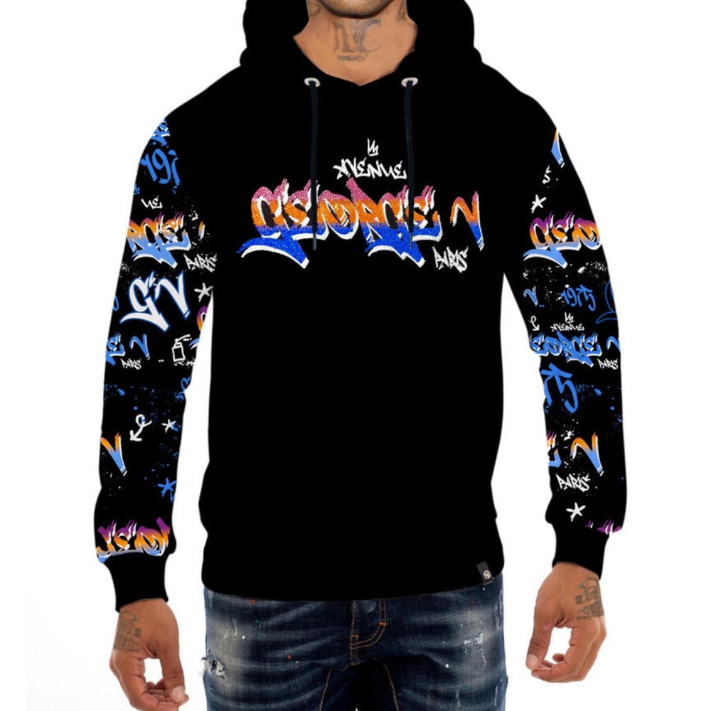 George V Designer Black Graphic Rhinestone Diamond Hoodie